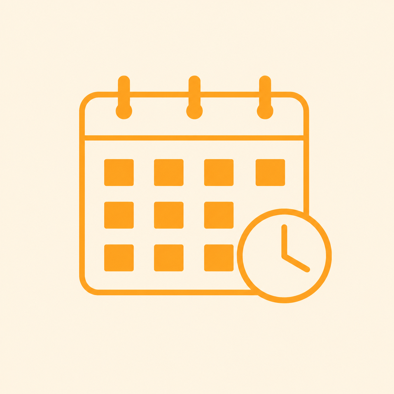 Orange calendar icon with a clock symbol in the lower right corner.