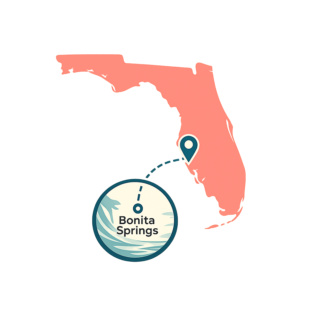 Map showing the route from Orlando to Bonita Springs in Florida, with a pin marking the location in Bonita Springs.