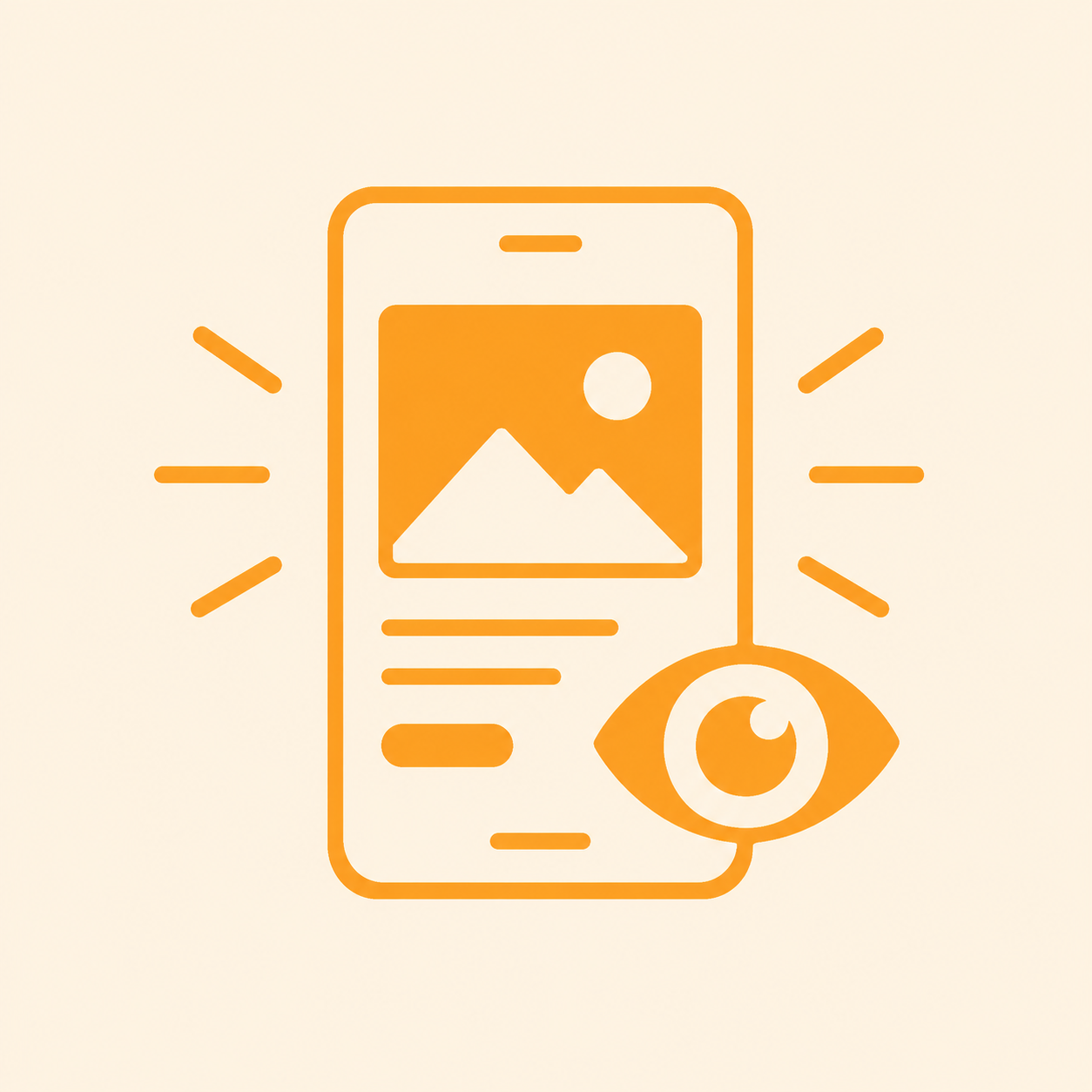 Icon of a mobile phone with a photo inside, a small sun, and an eye symbol, all in orange.