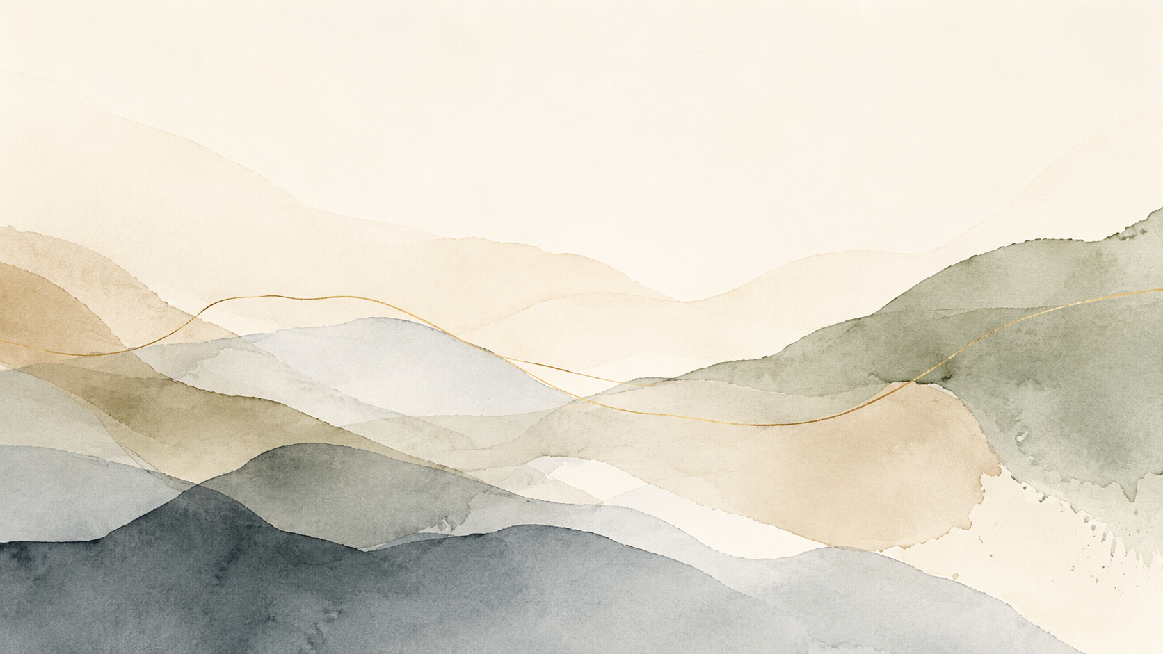 Watercolor painting of rolling hills in muted earth tones with gold accents.