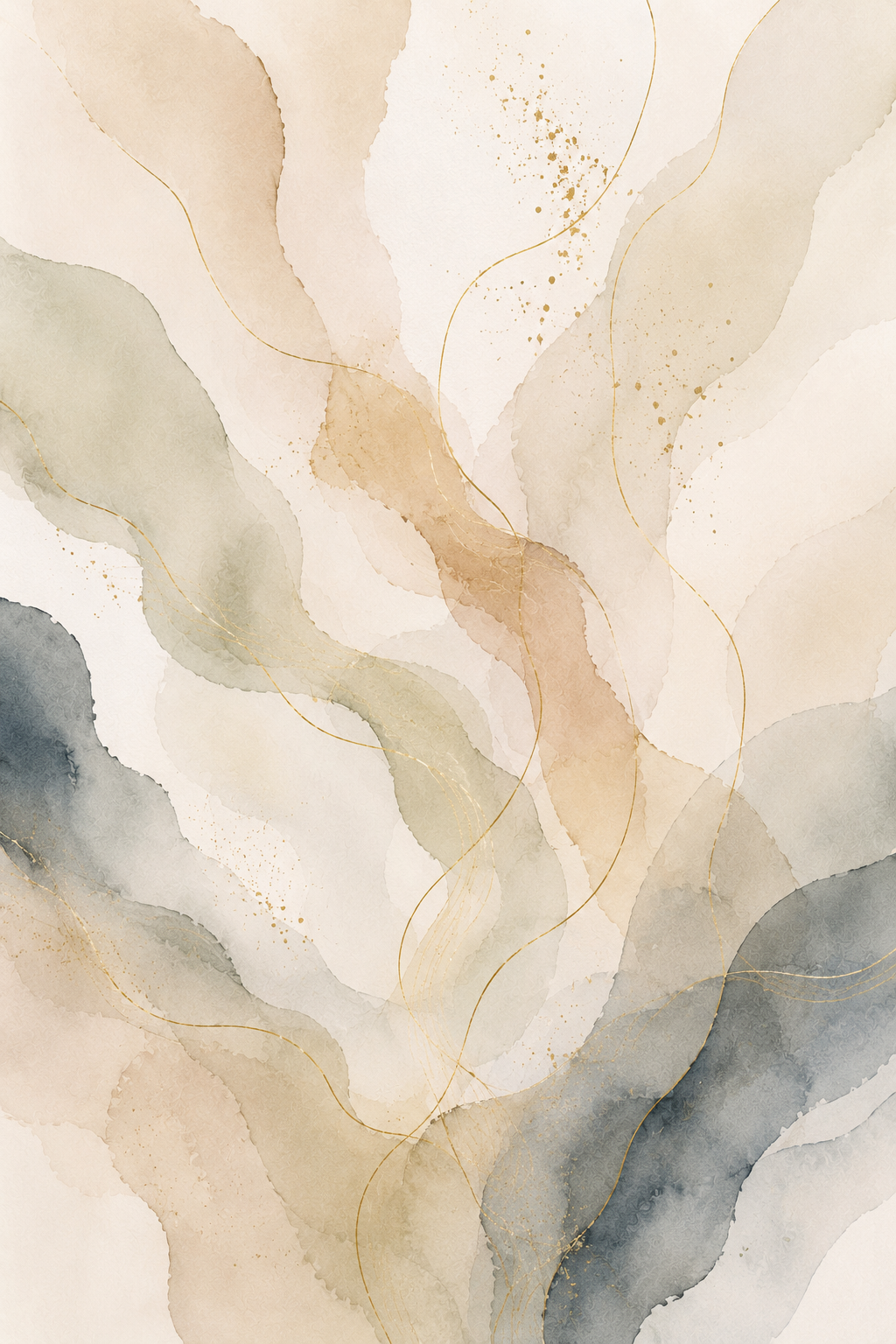 Abstract watercolor background with soft, flowing earth tones in shades of beige, gray, and light green, accented with delicate gold lines and splatters.