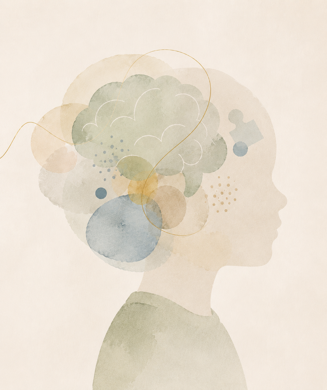 A digital illustration of a woman's side profile with her head filled with abstract, colorful bubbles and circles representing thoughts.