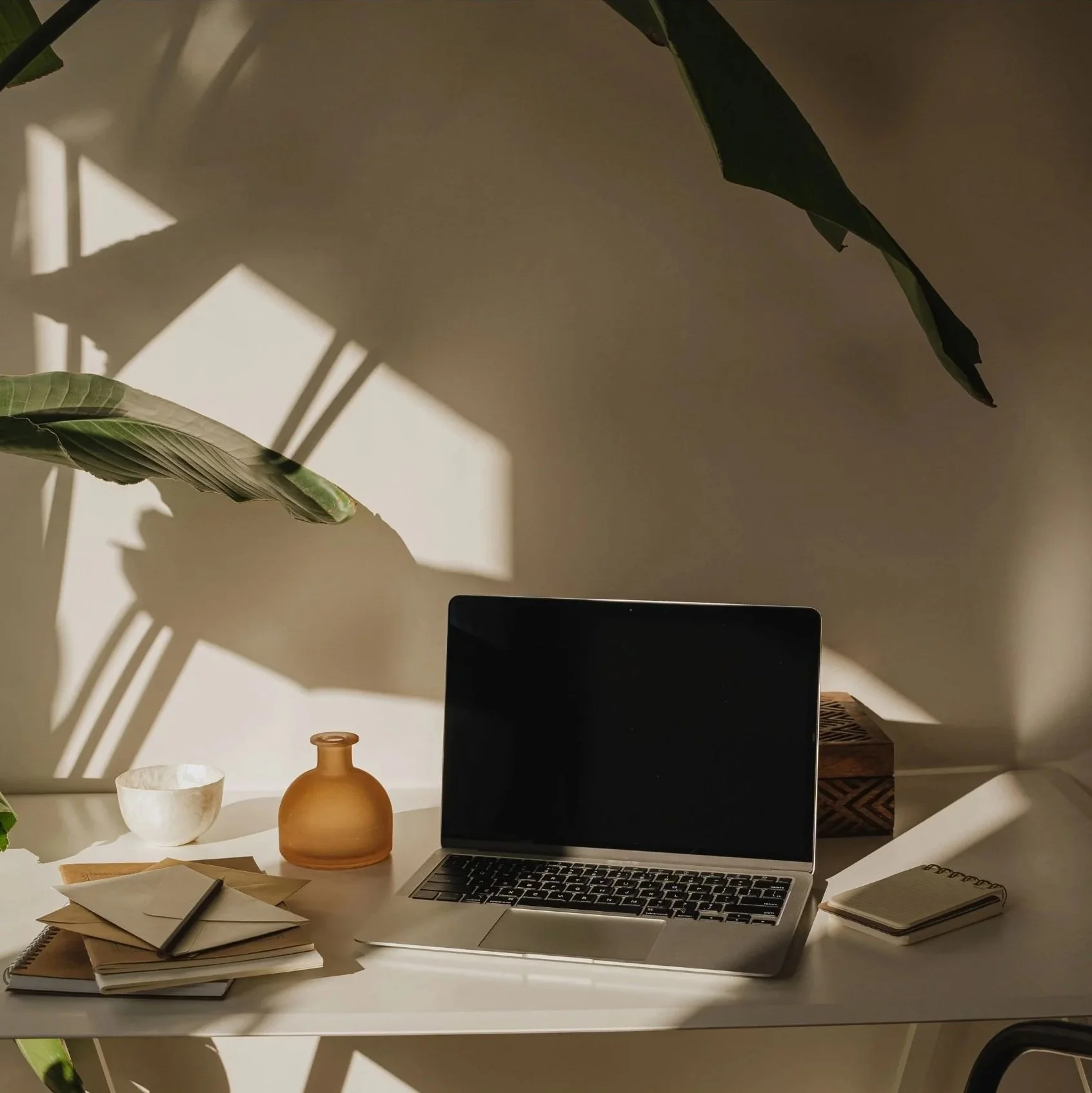 A workspace with a laptop, a terracotta vase, a paper bowl, stacks of notebooks and papers, a small notebook, a smartphone, and a potted plant casting shadows on the wall.