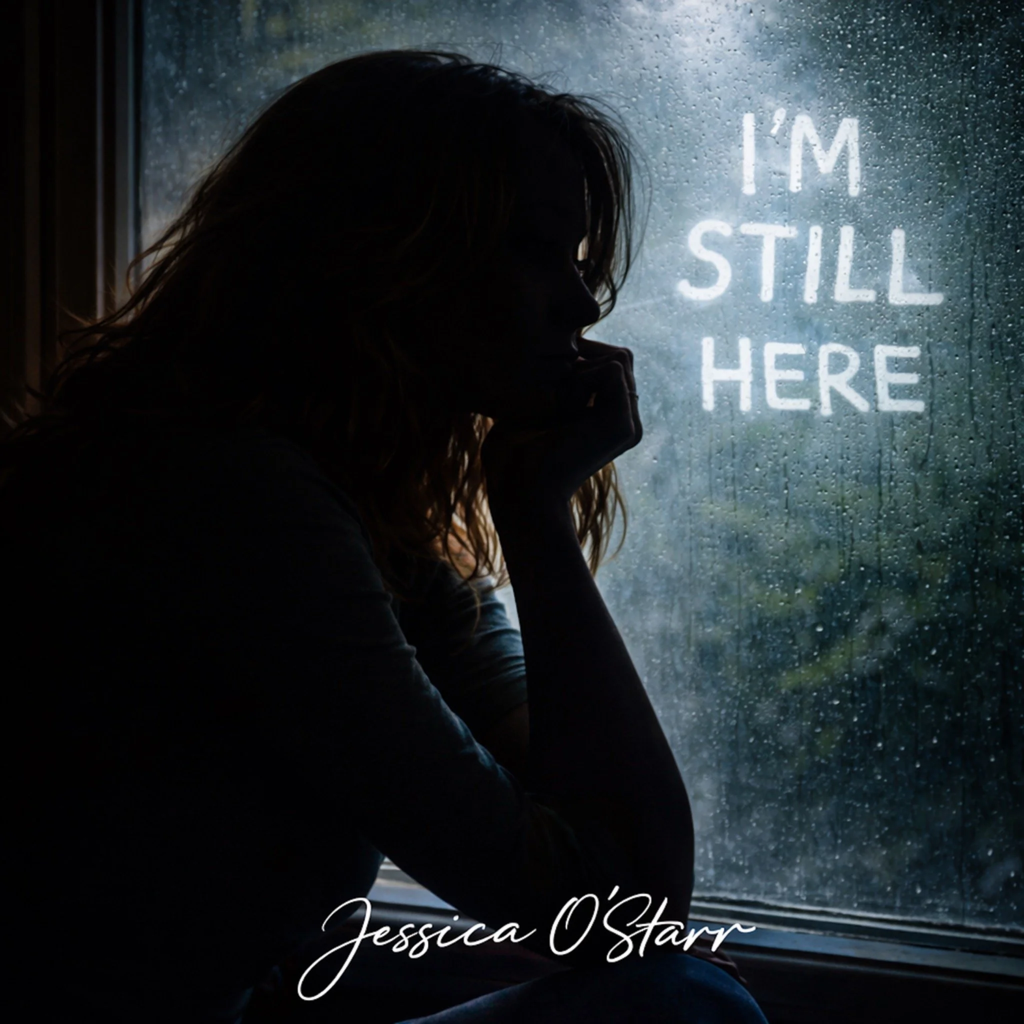 Silhouette of a woman with wavy hair sitting near a rainy window with the text 'I'm still here' written in white, cursive font.