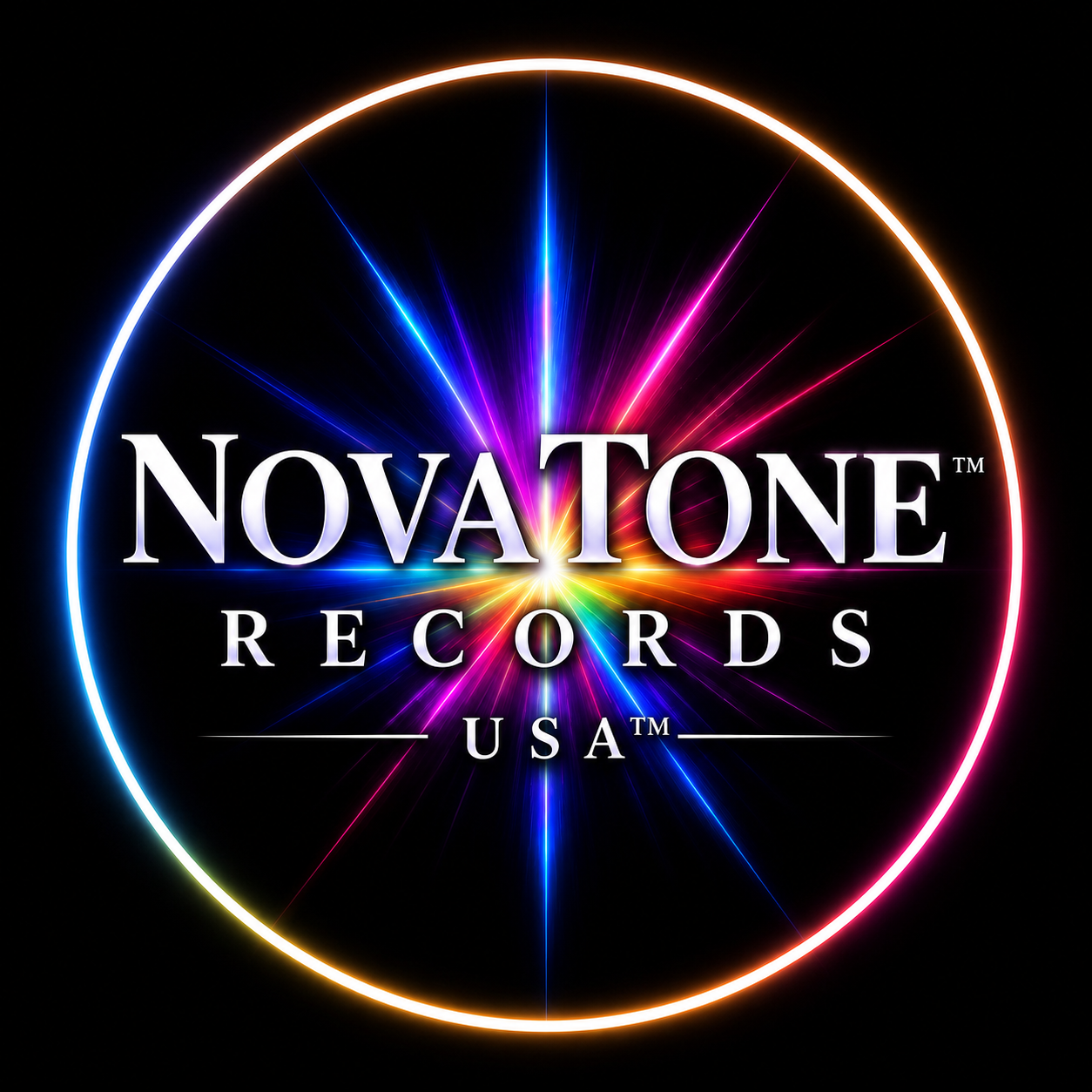 Colorful logo for Novatone Records USA ™ with bright streaks of light radiating from the center against a black background.