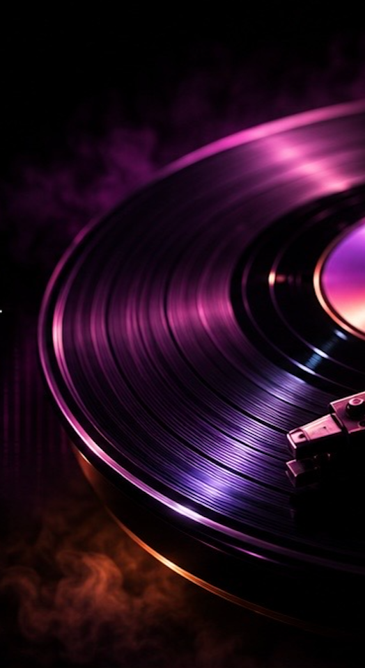 Close-up of a black vinyl record spinning on a turntable with purple and pink lighting effects.