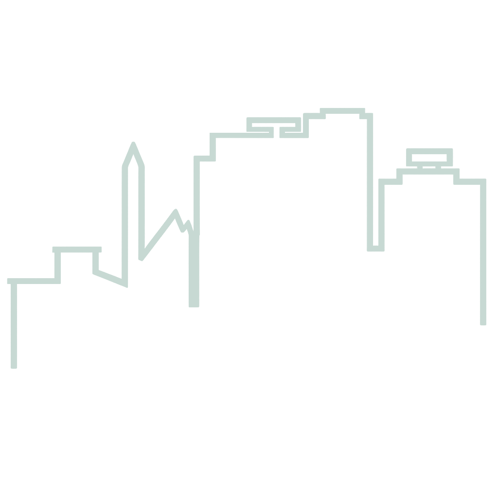 Outline of a city skyline with various tall buildings and skyscrapers.