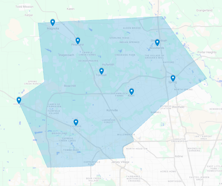 Tomball’s Finest Cleaning service area map for house cleaning in Tomball, Hockley, Magnolia, Cypress, Spring, The Woodlands, and surrounding areas