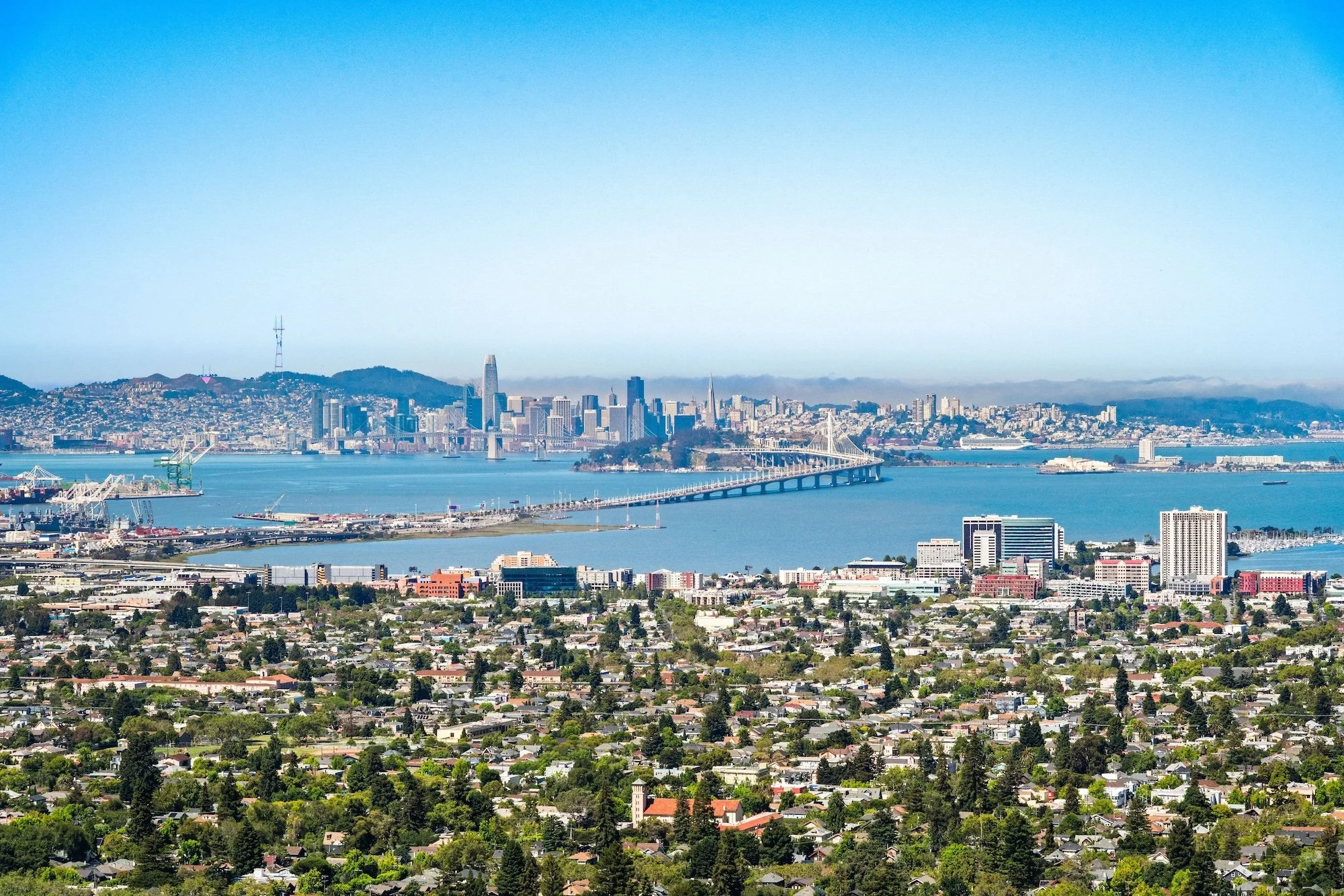 A wide cityscape view of San Francisco with buildings, bridges, water, and hills under a clear blue sky.