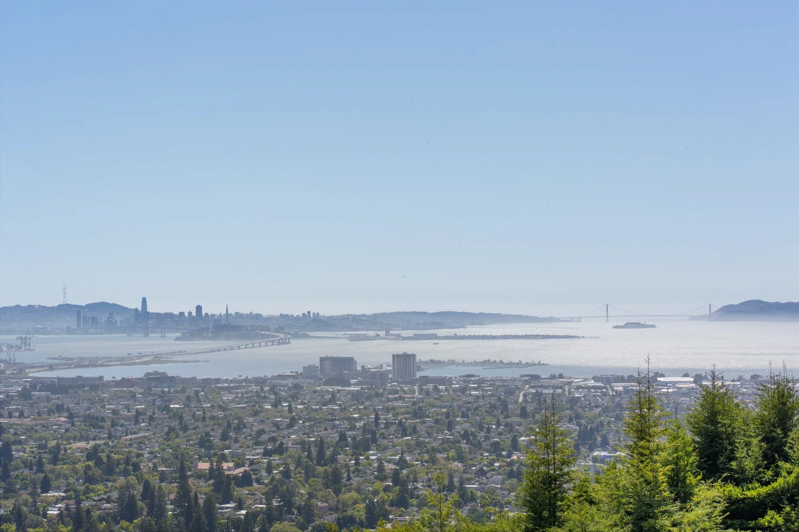 A city skyline across a bay, with bridges, buildings, and hills, under a clear blue sky.