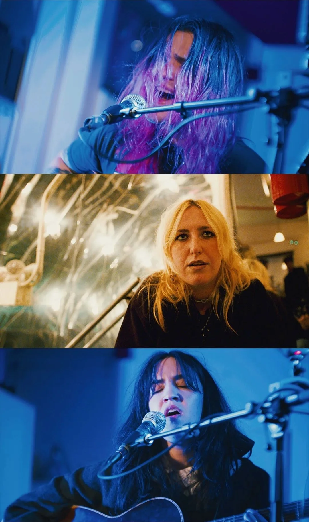 Three women singing and playing guitar in different settings, with the top and bottom women singing into microphones with expressive faces, and the middle woman sitting in a well-lit room with a casual appearance.