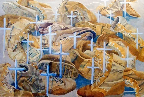  'THESE BOOTS WERE MADE FOR WALKIN' 
 

 PRICE  : PRIVATE COLLECTION
 

 SIZE  : 30" X 40"
 

 MEDIA  : MIXED MEDIA
  

In 2009, the artist borrowed the combat boots illustrated in this anti-war painting from Mike Modugno, an Afghanistan and Iraqi Ve