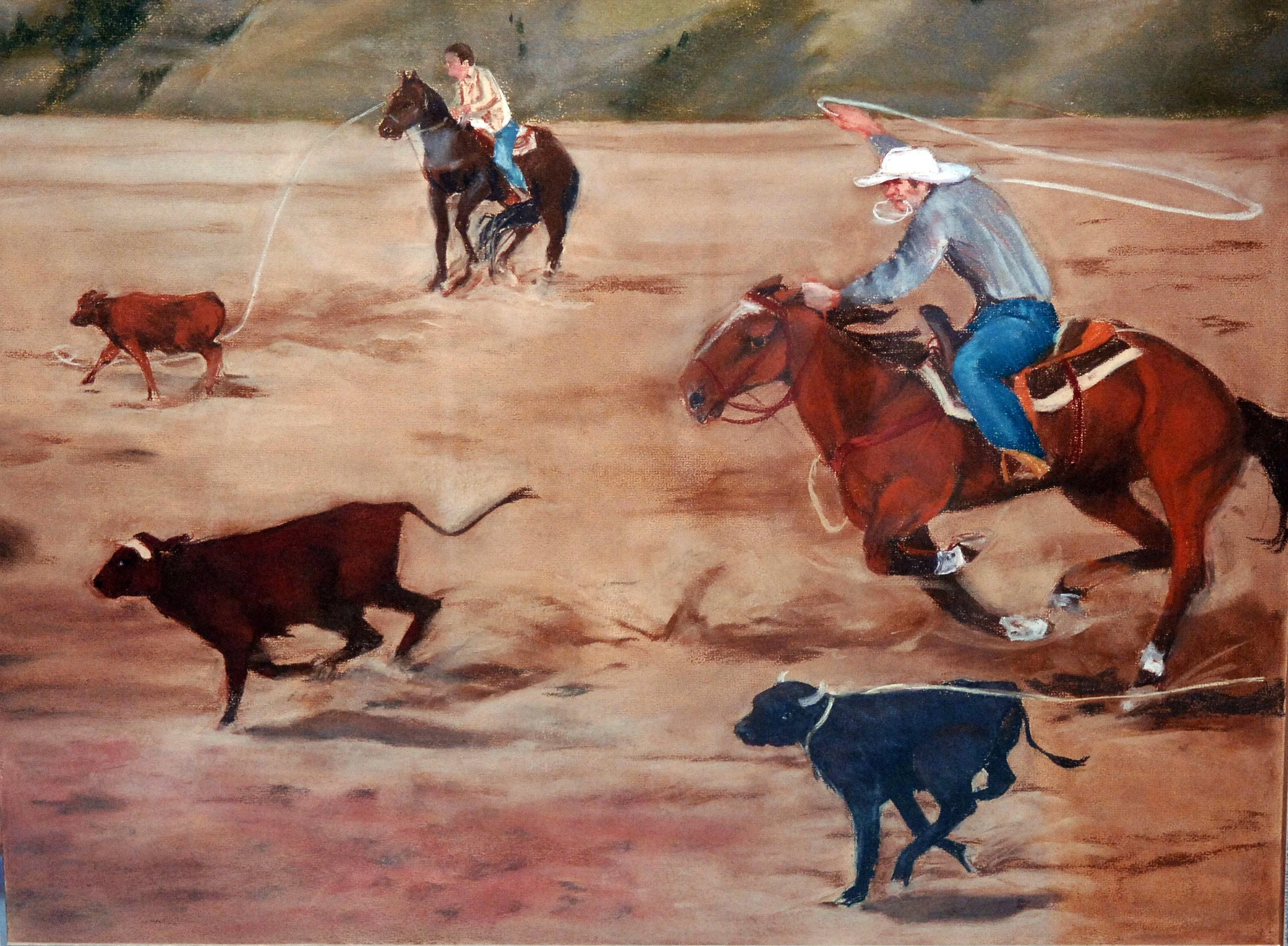  Pane 5- Calf Roping 

 

 MEDIA  : Pastel

 

 SIZE  : 31"H X 36"