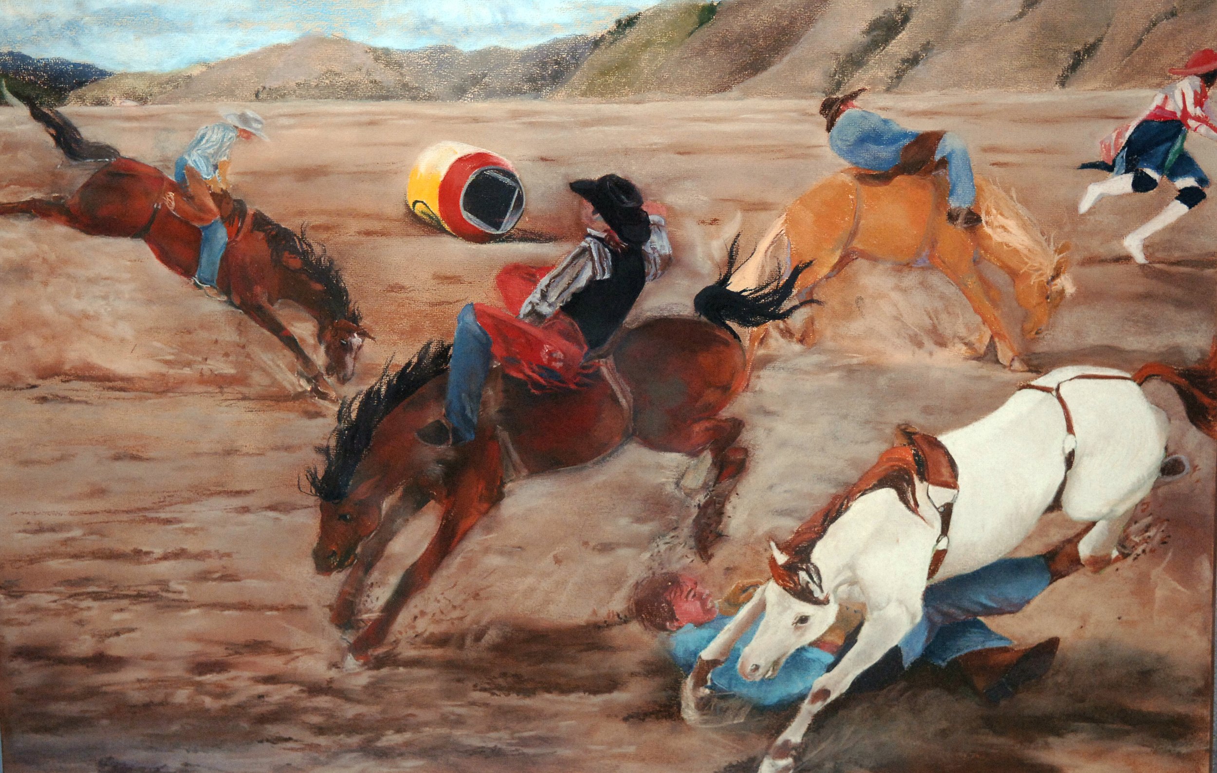  Panel 3- Bareback Riding  

 

 MEDIA  : Pastel

 

 SIZE  : 31"H X 36"