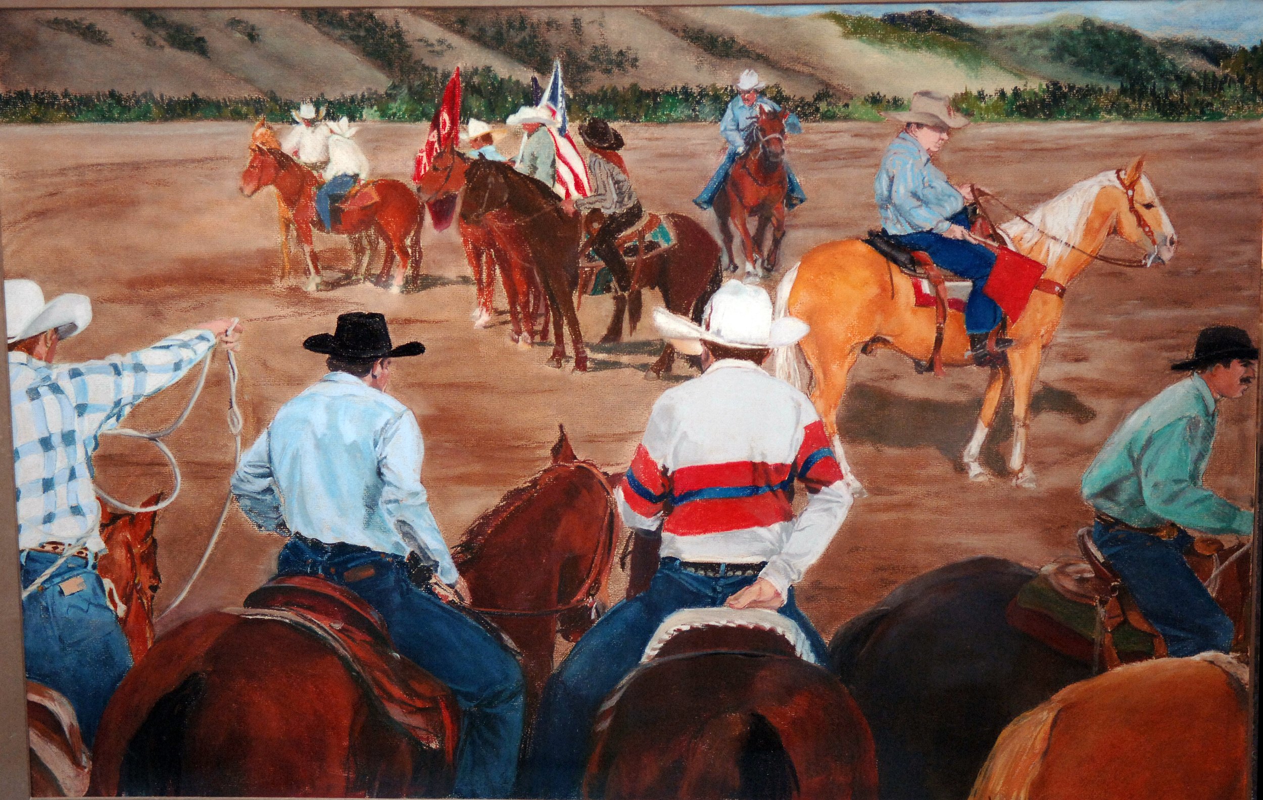  Rodeo Fever- The Rodeo At Jackson Hole, Wyoming, c. 1998 Panel 1- Opening Ceremony  

 

 MEDIA  : Pastel

 

 SIZE  : 31"H X 36"

 

 PRICE  : PRIVATE COLLECTIONTHE HOLLAND HOTEL, ALPINE, TEXAS
