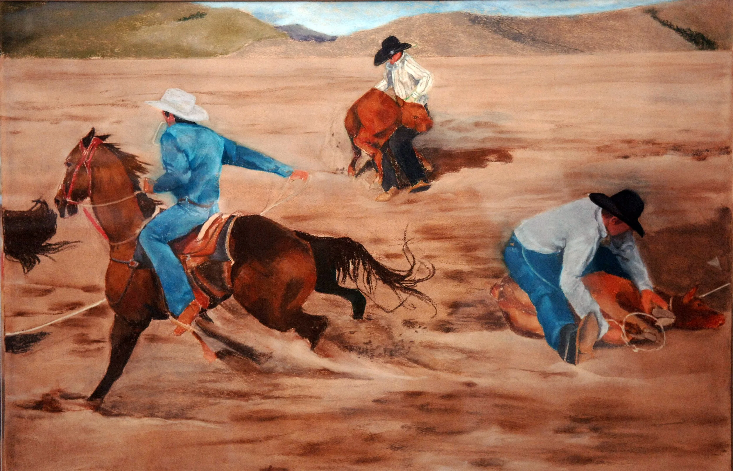  Pane 6- Calf Roping   

 

 MEDIA  : Pastel

 

 SIZE  : 31"H X 36"