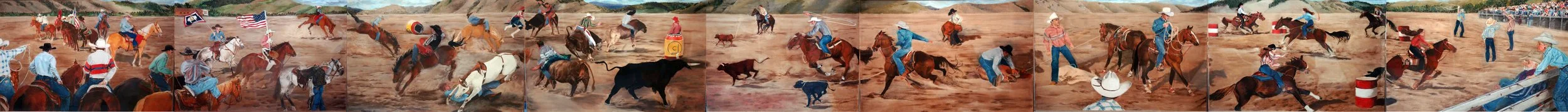  Rodeo Fever- The Rodeo At Jackson Hole, Wyoming, c. 1998 

 

 MEDIA  : Pastel

 

 SIZE  : Mural Dimensions: 31"H X 27'

 

 PRICE  : PRIVATE COLLECTIONTHE HOLLAND HOTEL, ALPINE, TEXAS
