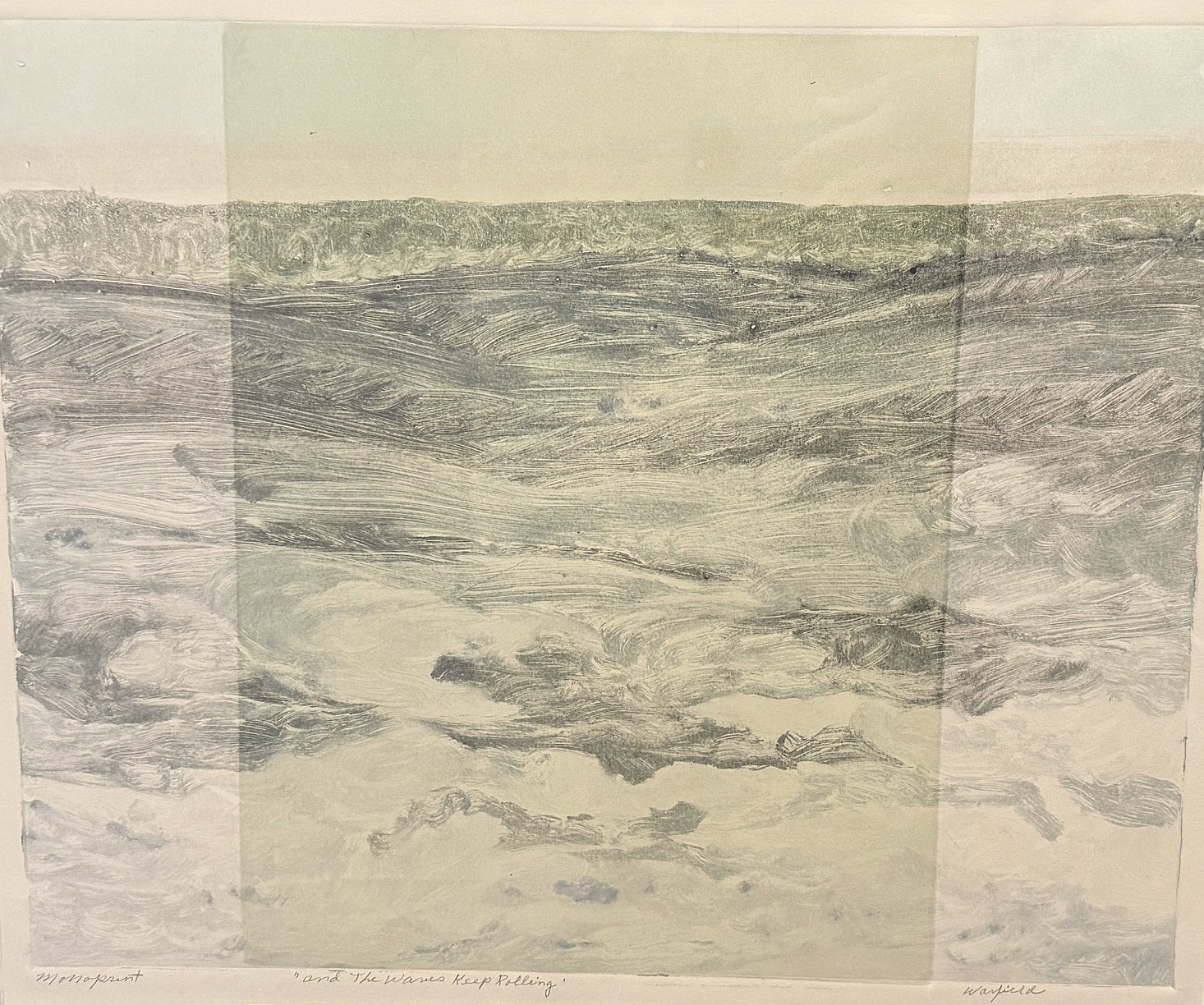  TOPIC  : Sky Series

 

 PAINTING  : And The Waves Keep Rolling…

 

 MEDIA  : Monoprint

 

 SIZE  : 16" X 19"

 

 PRICE  : $1,200
