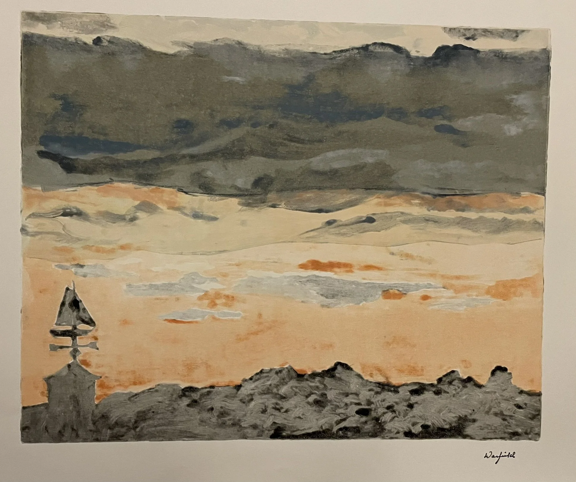  TOPIC  : Sky Series

 

 PAINTING  : Dundet with Weathervane

 

 MEDIA  : Monoprint

 

 SIZE  : 16" X 20"

 

 PRICE  : $550
