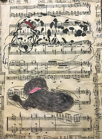  TOPIC  : Dog

 

 PAINTING  : Stogie And Raven

 

 MEDIA  : Mixed Media Collage On Music Sheet

 

 SIZE  : 11" X 8.5"

 

 PRICE  : $300