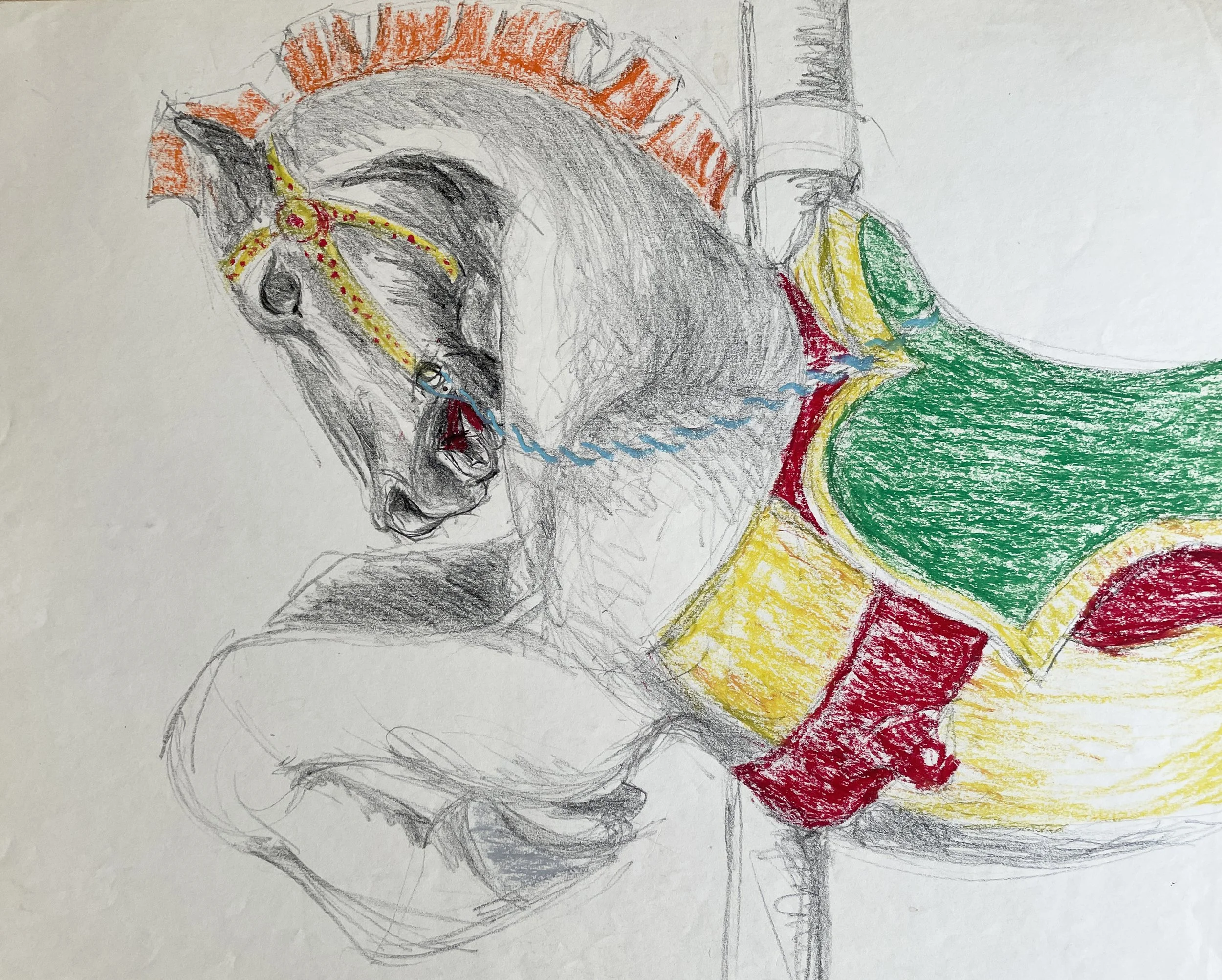 Carousel Horse with Green Saddle 

 

 MEDIUM  : Pastel

 

 DIMENSIONS  : 18" X 22"

 

 PRICE  : $350