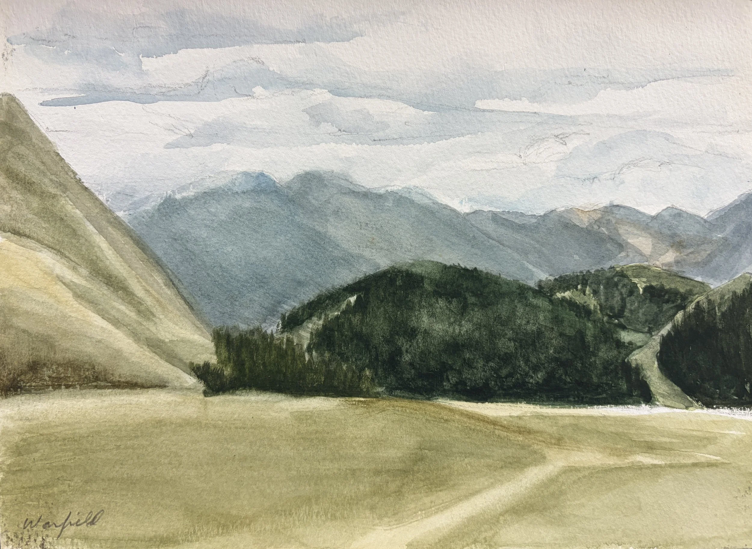  TOPIC  : Wyoming

 

 PAINTING  : Outside Jackson Hole, Wyoming

 

 MEDIA  : Watercolor

 

 SIZE  : 7" X 9"

 

 PRICE  : $195

