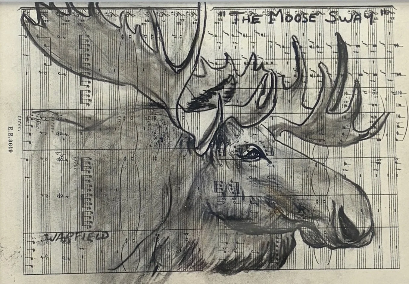  TOPIC  : Trophy

 

 PAINTING  : The Moose Sway

 

 MEDIA  :  Charcoal on Music 
Sheet

 

 SIZE  :  10" x 7"