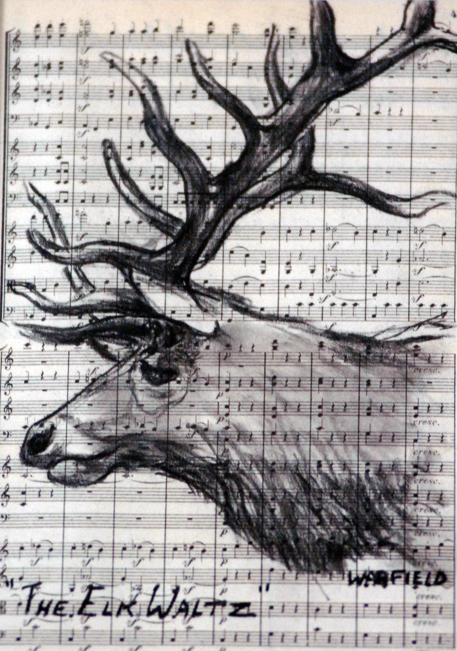  TOPIC  : Elk Waltz

 

 PAINTING  : Buffalo Boogie

 

 MEDIA  :  Charcoal On Music 
Sheet

 

 SIZE  :  7 X 4 ½”

 

 PRICE  : $175