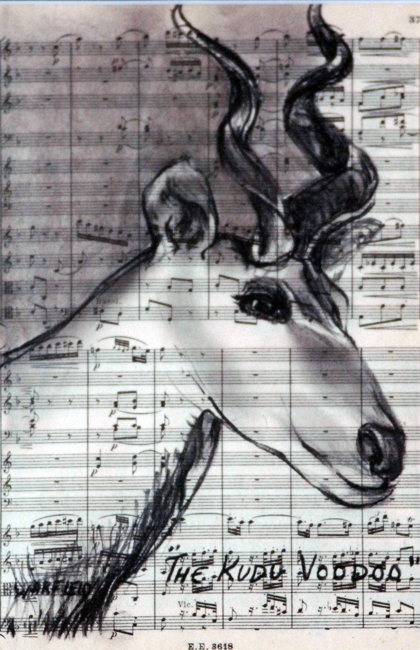  TOPIC  : Kudu Voodoo

 

 PAINTING  : Buffalo Boogie

 

 MEDIA  :  Charcoal On Music 
Sheet

 

 SIZE  :  7 X 4 ½”

 

 PRICE  : $175