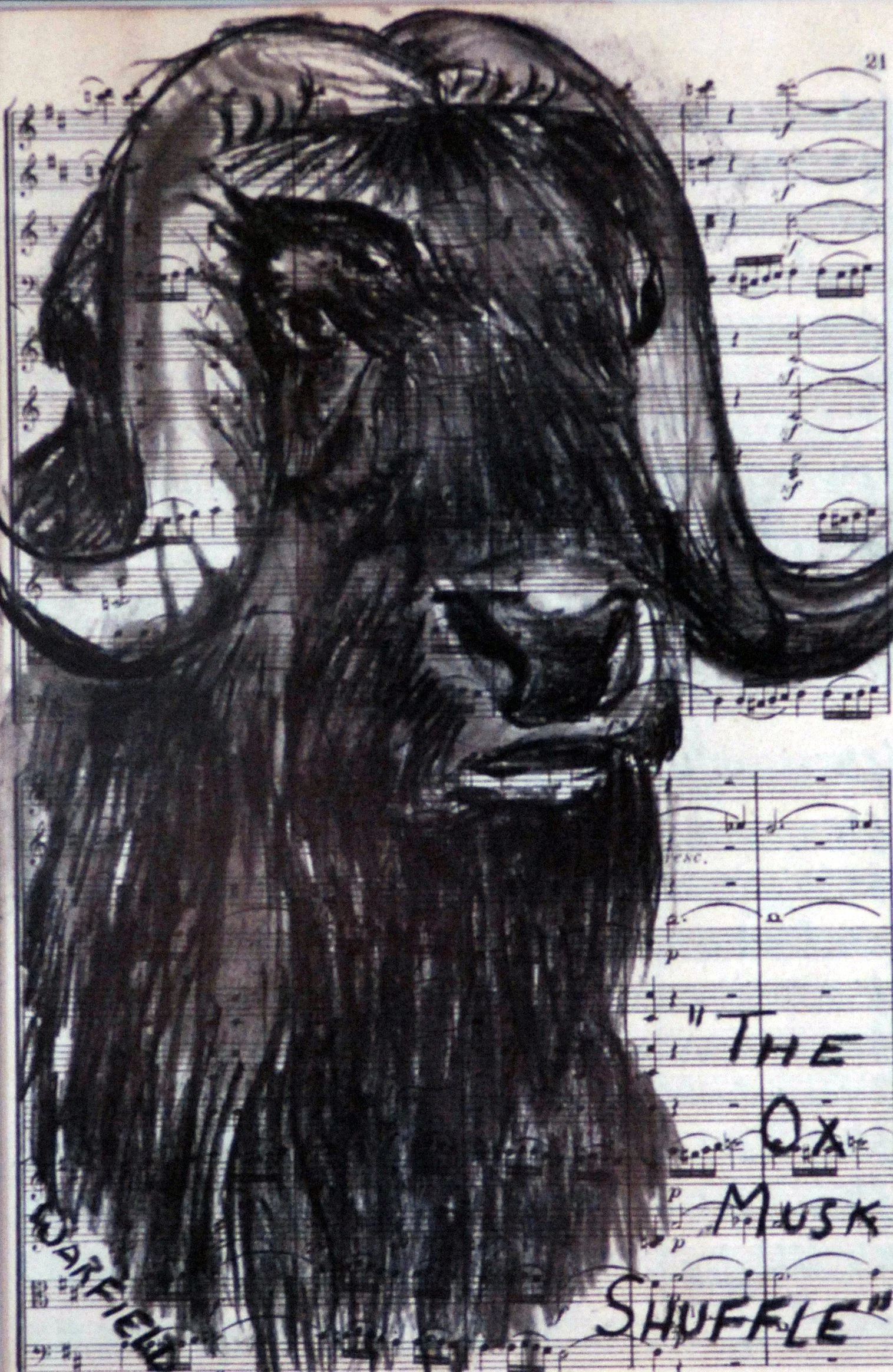 TOPIC  : Trophy

 

 PAINTING  : Ox Musk Shuffle

 

 MEDIA  :  Charcoal On Music 
Sheet

 

 SIZE  :  7 X 4 ½”

 

 PRICE  :  $ 175