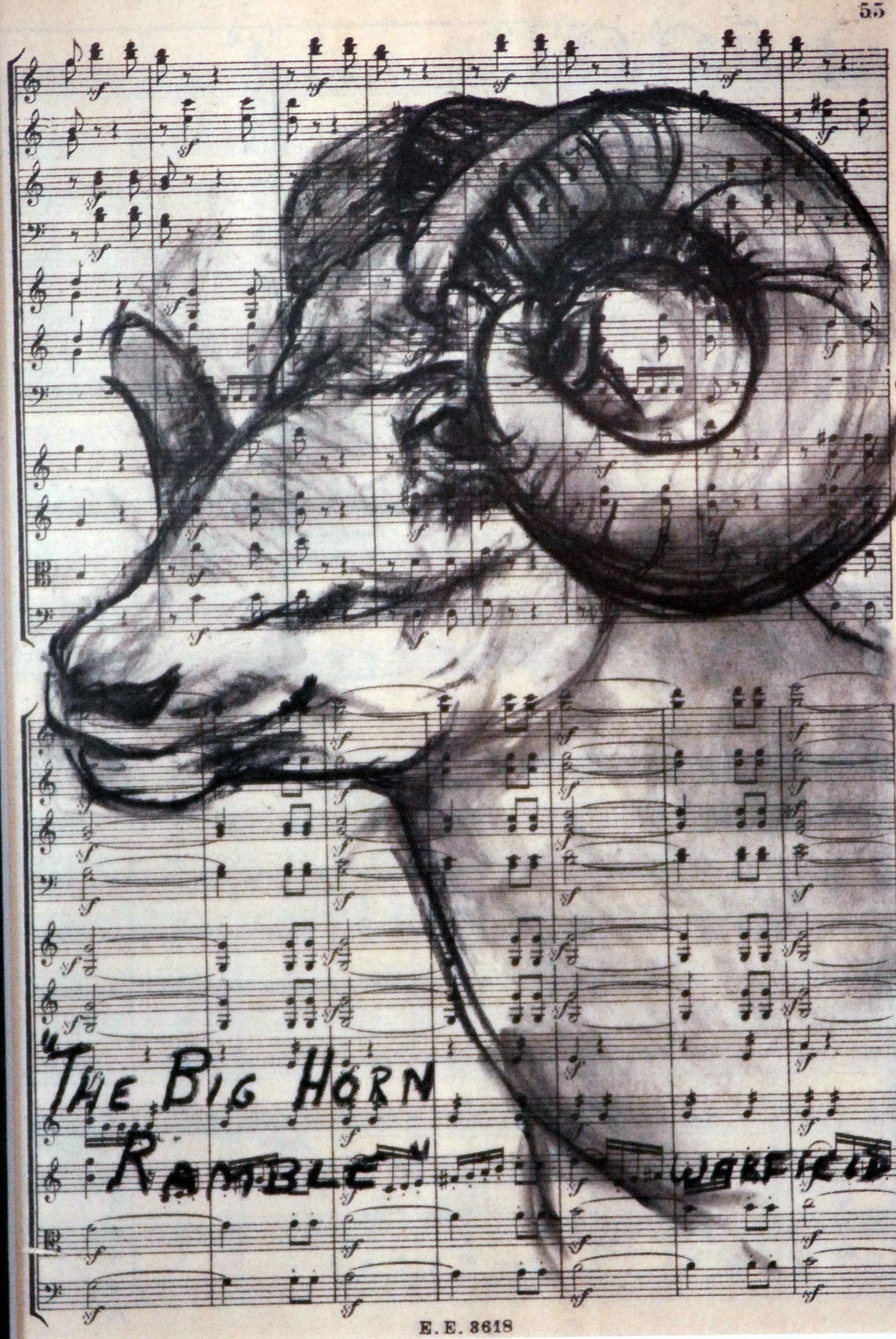  TOPIC  : Trophy

 

 PAINTING  : Big Horn Sheep 
Ramble

 

 MEDIA  :  Charcoal On Music 
Sheet

 

 SIZE  :  7 X 4 ½”

 

 PRICE  : $175