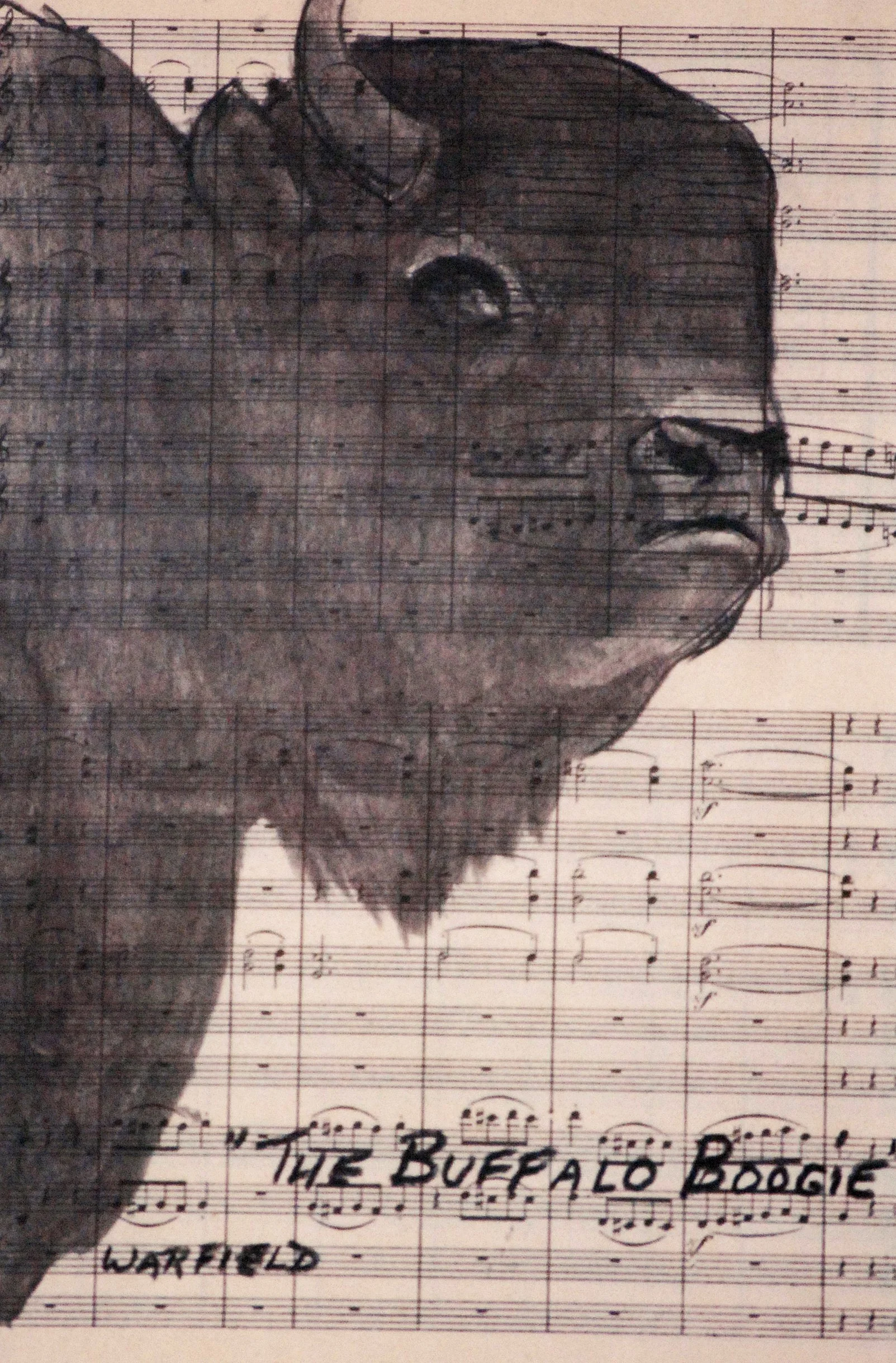  TOPIC  : Trophy

 

 PAINTING  : Buffalo Boogie

 

 MEDIA  :  Charcoal On Music 
Sheet

 

 SIZE  :  7 X 4 ½”

 

 PRICE  : $175