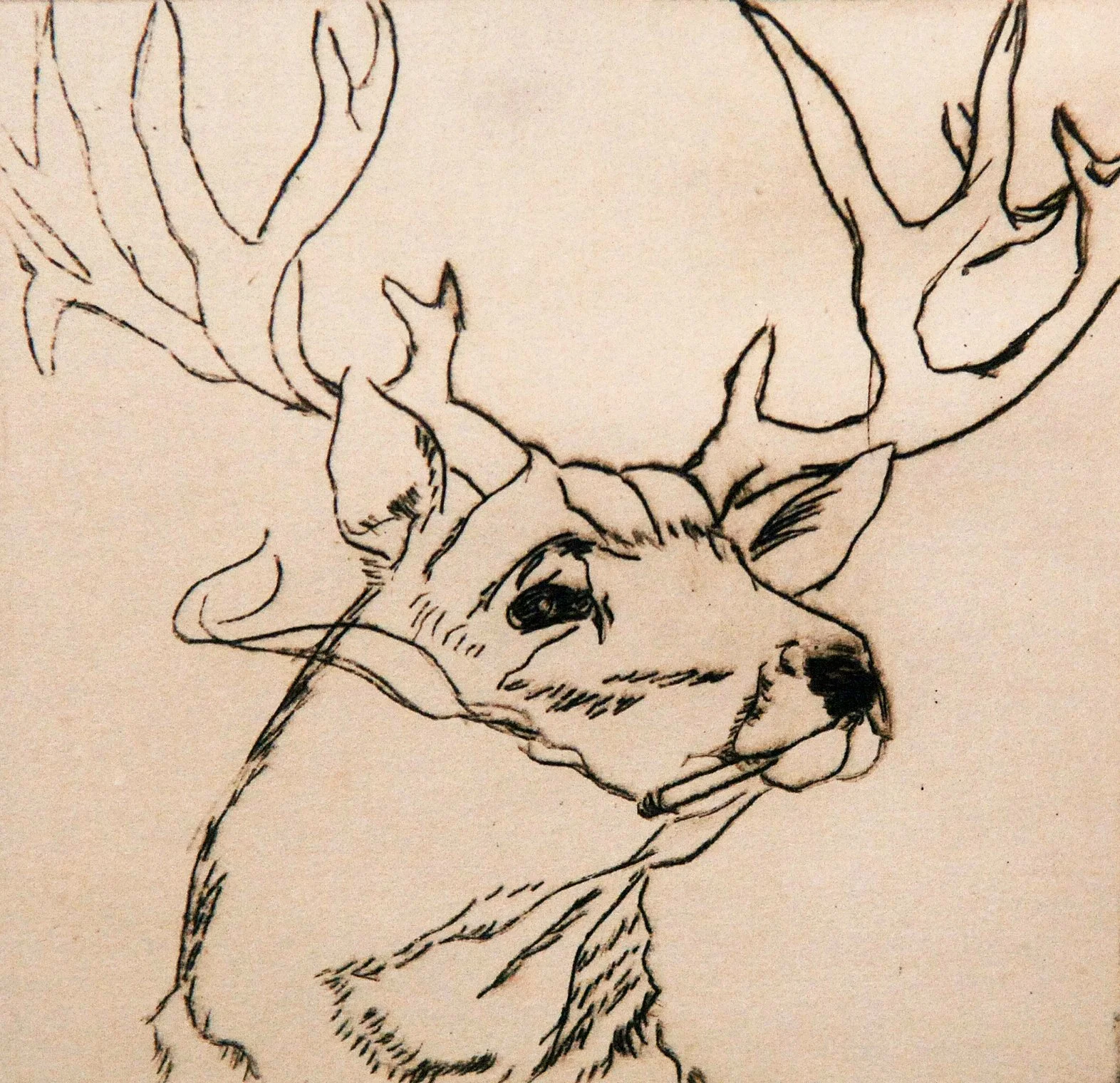  TOPIC  : Trophy

 

 PAINTING  : Stag With A Fag

 

 MEDIA  :  Drypoint

 

 SIZE  :   4 X 4"

 

 PRICE  :  $ 125