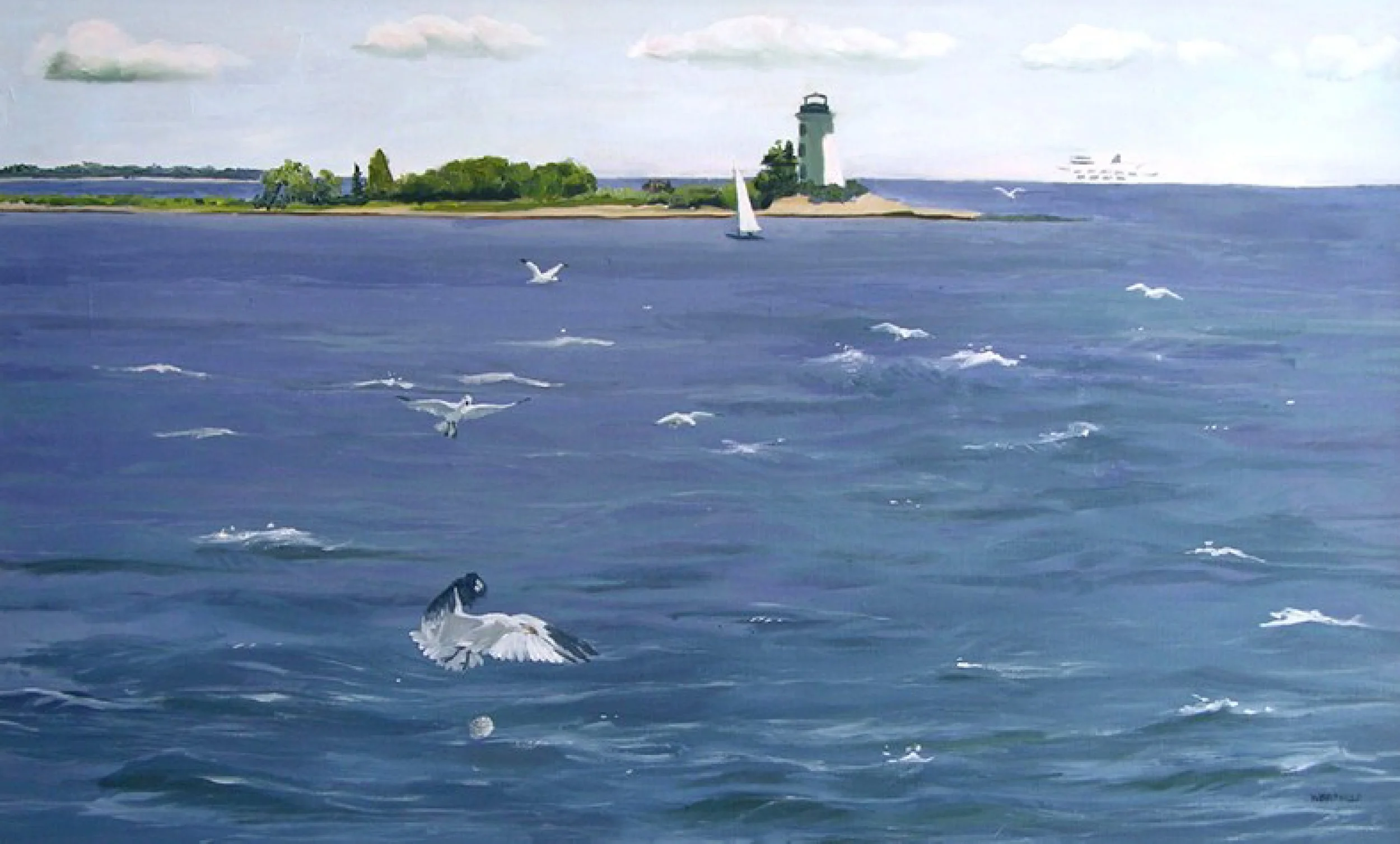  TOPIC  : Connecticut

 

 PAINTING  : View Of Fayer Weather Light From St. Mary’s By The Sea, Bridgeport, Ct

 

 MEDIA  : Oil

 

 SIZE  : 30" X 40"

 

 PRICE  : Collection Of The Joel Smilow Heart Institute Medical Offices, Fairfield, Ct
