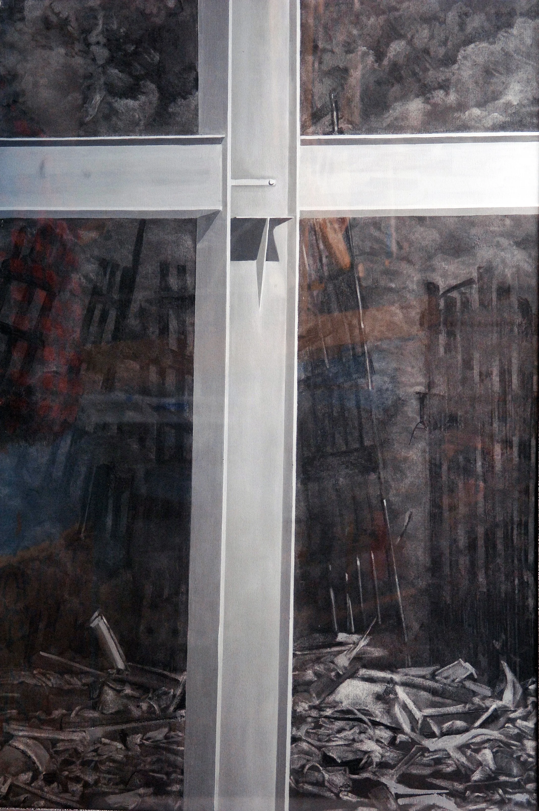  TOPIC  : Hope

 

 MEDIA  : Mixed Media

 

 SIZE  : 60” x 40”

 

 PRICE  : PRIVATE COLLECTION

 

 Artist's Statement:  : This painting was inspired by the actual discovery of the perfect cross shaped steel girders amongst the rubble which seemed 