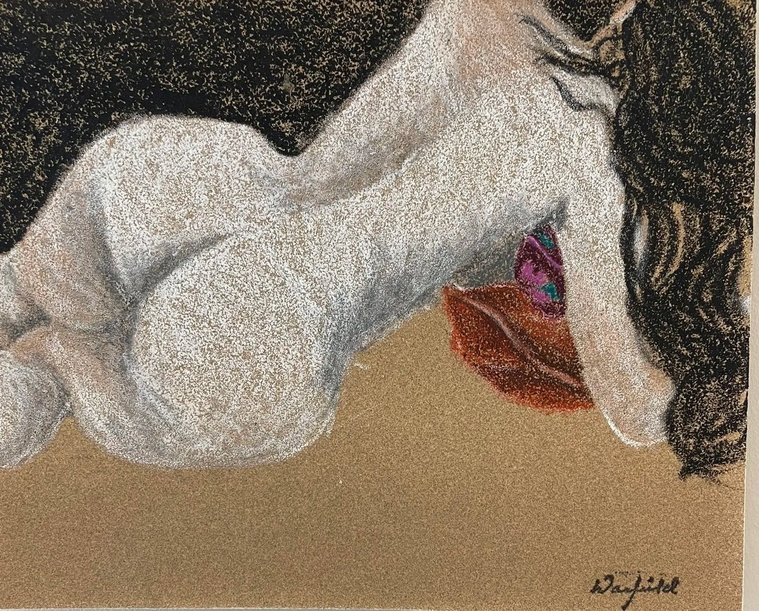  Sealed With A Kiss, Woman Reclining #2
 
 
 MEDIA  : Monoprint/Pastel- On Sandpaper
 
 SIZE  : 8.5" X 11"
 
 PRICE  : $ 150