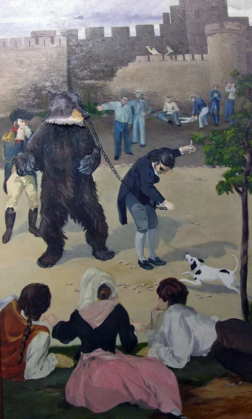  THEY BEARLY ESCAPE CARCASSONNE, FRANCE - from the novel Post Captain by Patrick O'Brian 
 

 PRICE  : $5,500
 

 SIZE  : 53" X 35"
 

 MEDIA  : OIL ON CANVAS