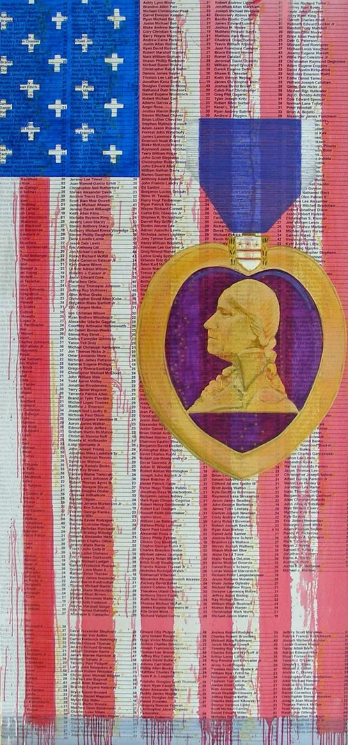  HONOR ROLL OF HEROES 
 

 PRICE  : COLLECTION OF THE HOUSATONIC MUSEUM OF ART, BRIDGEPORT, CT
 

 SIZE  : 86" X 42"
 

 MEDIA  : MIXED MEDIA
  
As a tribute to the soldiers lost during the Iraq and Afghanistan war, this painting lists the names of e