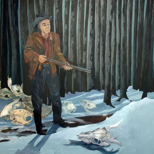  TOPIC  :  The Hunter - Narragansett Chief Silent Deer,1990

 

 MEDIA  : OIL

 

 SIZE  : 46” X 46”

 

 PRICE  : $4,500

 

This striking oil painting depicts Narragansett Tribal Elder Russell Spears - Chief Silent Deer (1917-2009). Although a maso