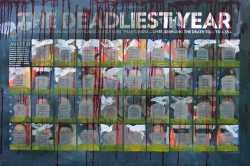  WHERE HAVE ALL THE SOLDIERS GONE, TO GRAVEYARDS EVERY ONE... 
 

 PRICE  : $3,500
 

 SIZE  : 28" X 42"
 

 MEDIA  : OIL ON CANVAS
  

This painting illustrates gravestones as a tribute to those who died on January 15–21, 2009, the deadliest week in