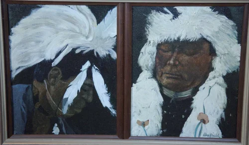  Narragansett Tribal Members- Bride and Groom In Traditional Head Dress, c. 1991

 

 MEDIA  : OIL

 

 SIZE  :  10" x 8” EACH (Shown Framed Together:10 " X 17”

 

 PRICE  : $3,000