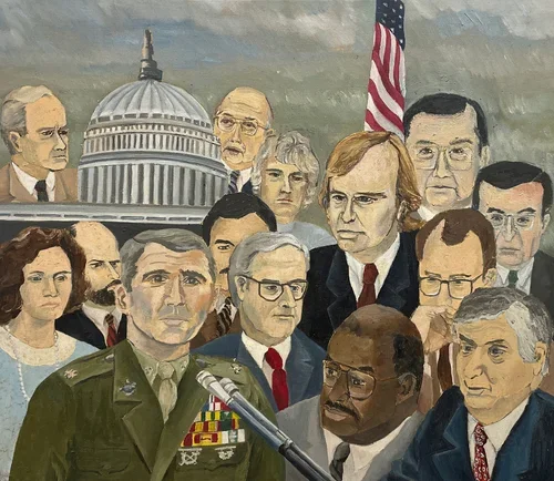  OLLIE AND COMPANY - IRAN-CONTRA CONGRESSIONAL HEARING, MAY 5, 1987–AUGUST 6, 1987 
 

 PRICE  : $4,500
 

 SIZE  : 26" X 30"
 

 MEDIA  : OIL ON CANVAS
  

In the Summer of 1987, the entire nation was transfixed by the live television coverage of th
