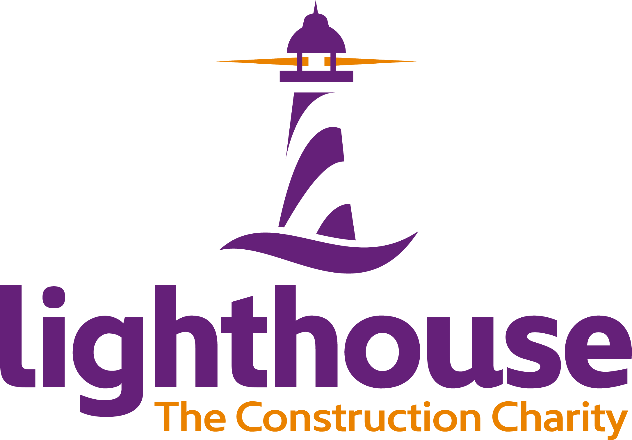 Logo of Lighthouse, The Construction Charity, featuring a purple lighthouse with orange light beams and black text.