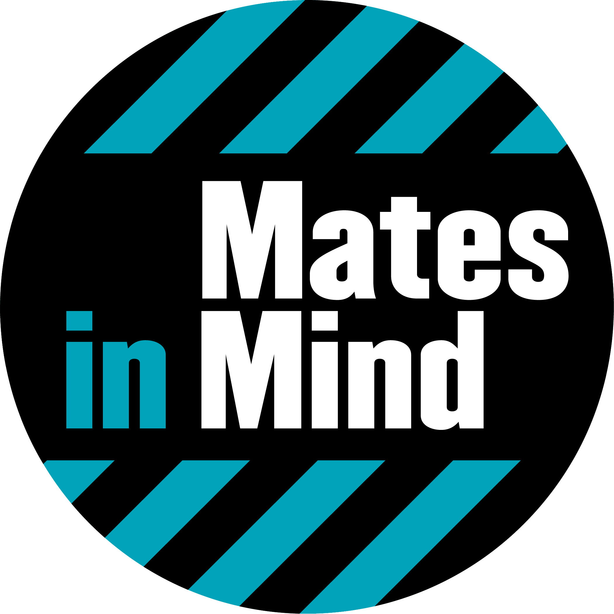 logo of Mates In Mind with black, white, and blue colors, featuring diagonal stripes and text.