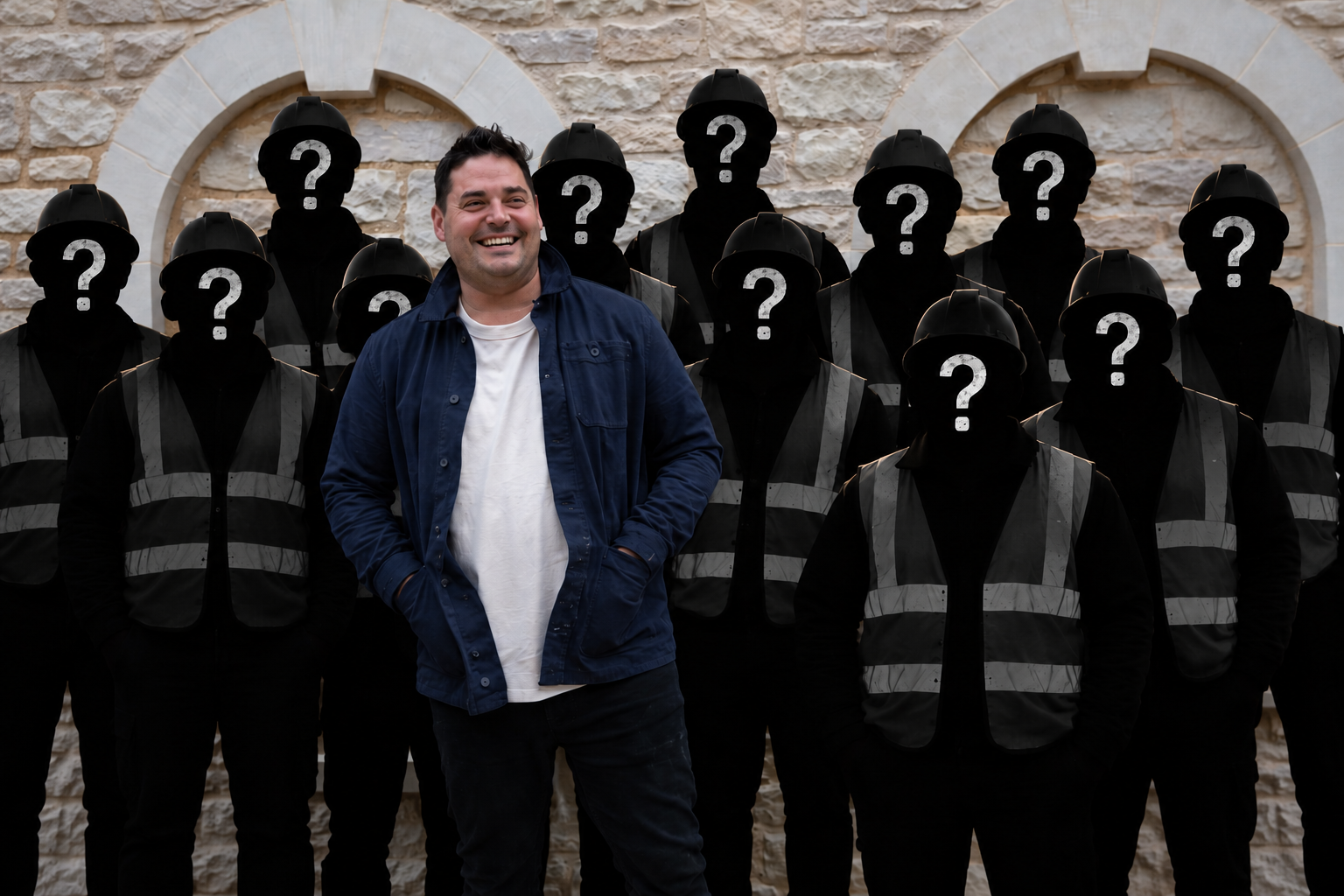 A smiling man in a white t-shirt and blue jacket standing in front of a group of faceless silhouettes wearing dark uniforms and safety vests with question marks on their faces, against a stone wall background.
