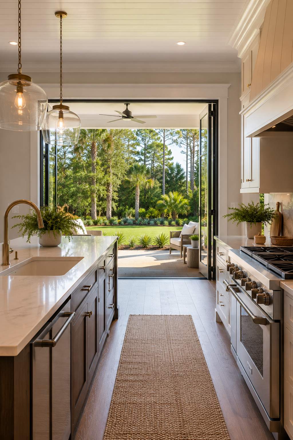 View from a modern kitchen looking outdoors through open glass doors to a lush green garden with trees and a patio seating area.
