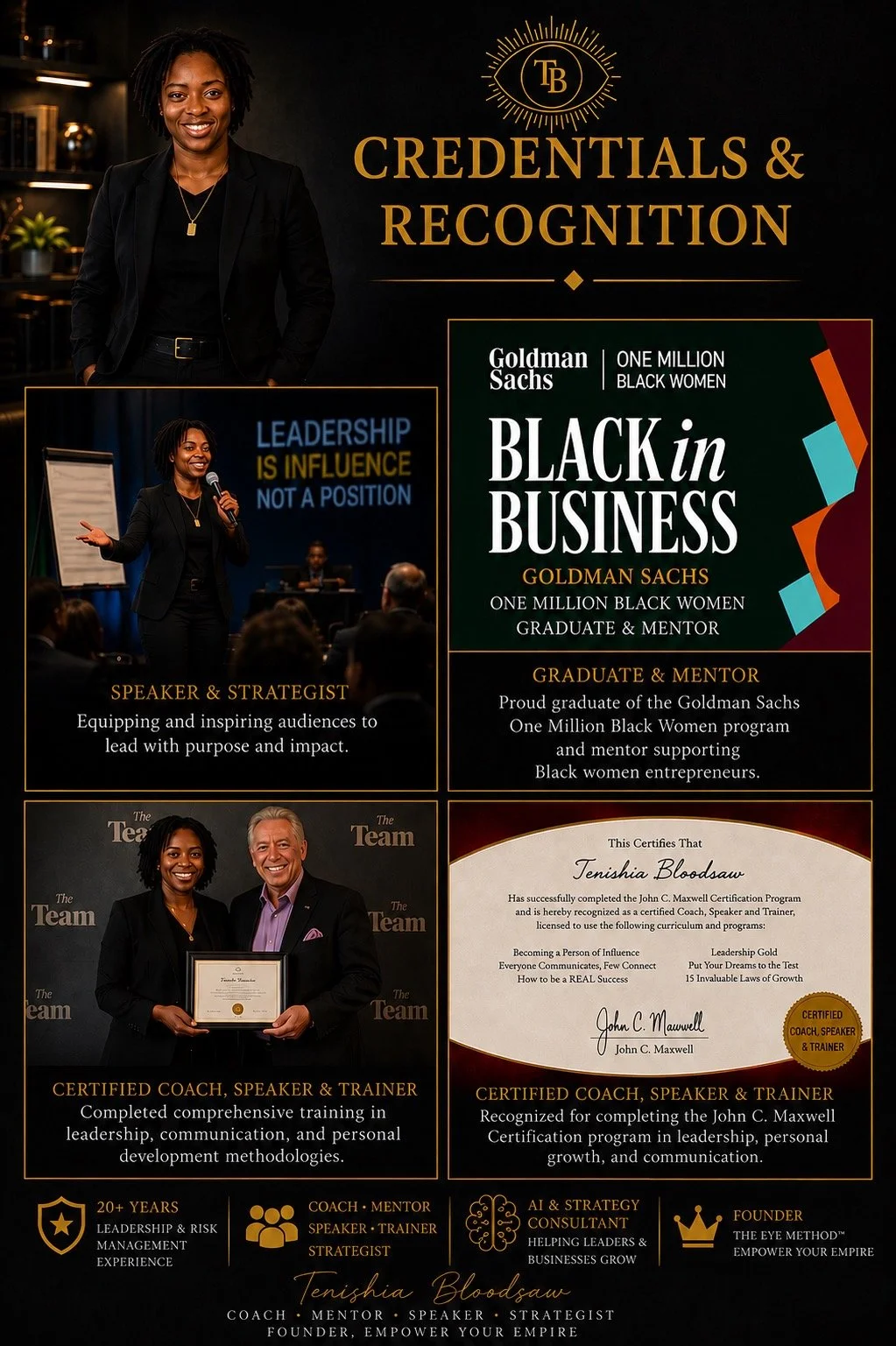 A collage highlighting credentials and recognition for Tenishia Bloodsaw, a Goldman Sachs graduate, mentor, speaker, and trainer. Includes photos of her giving a presentation and receiving a certificate, with text emphasizing leadership, influence, and empowerment of Black women in business.