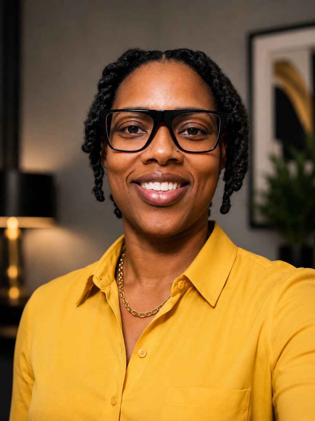 A woman with dark curly hair and glasses is smiling, wearing a yellow shirt and a gold chain necklace, standing indoors with a grey wall and artwork in the background.
