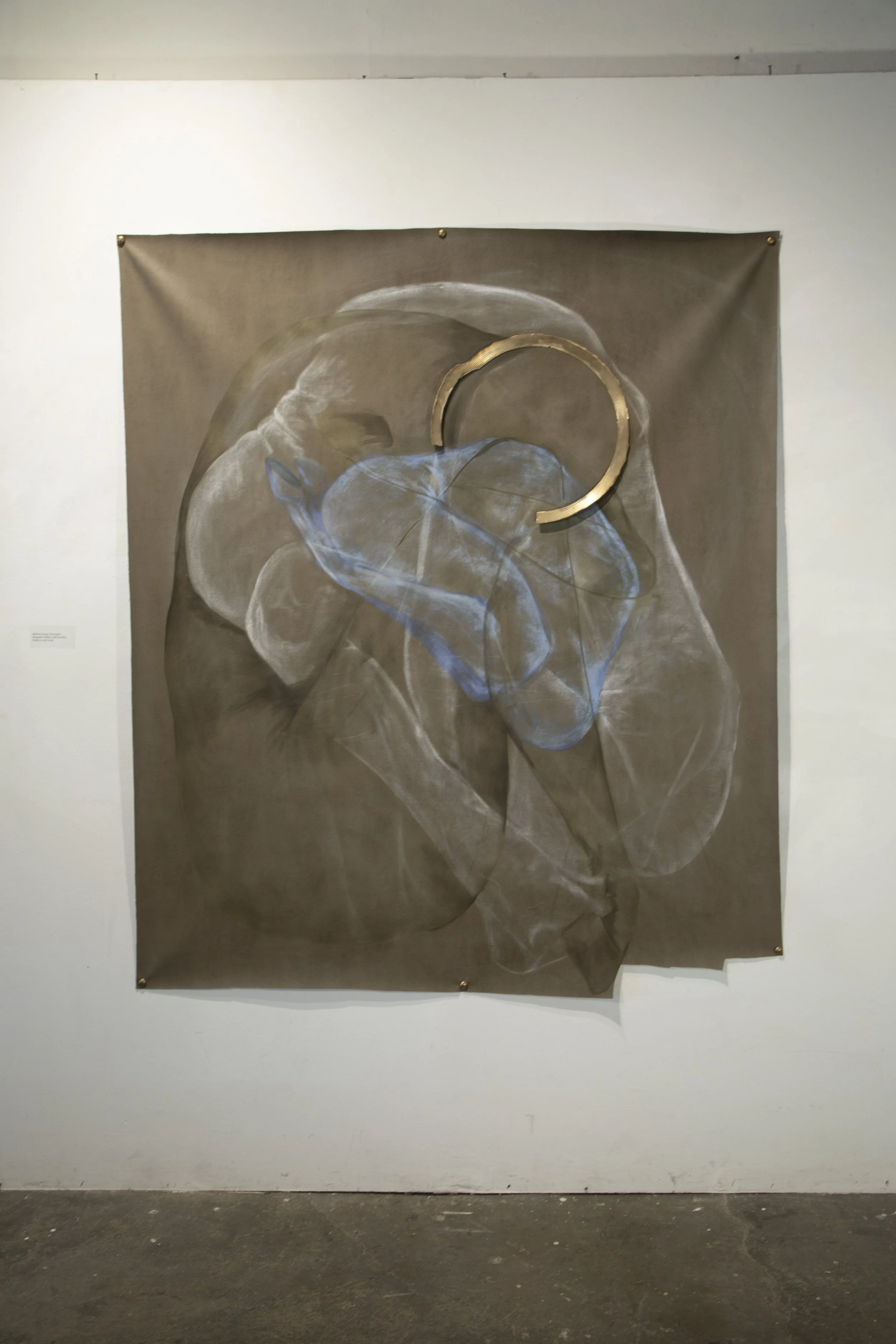  Wrapped in White Blue and Gold  
Pastel, brass 
56" x 65"