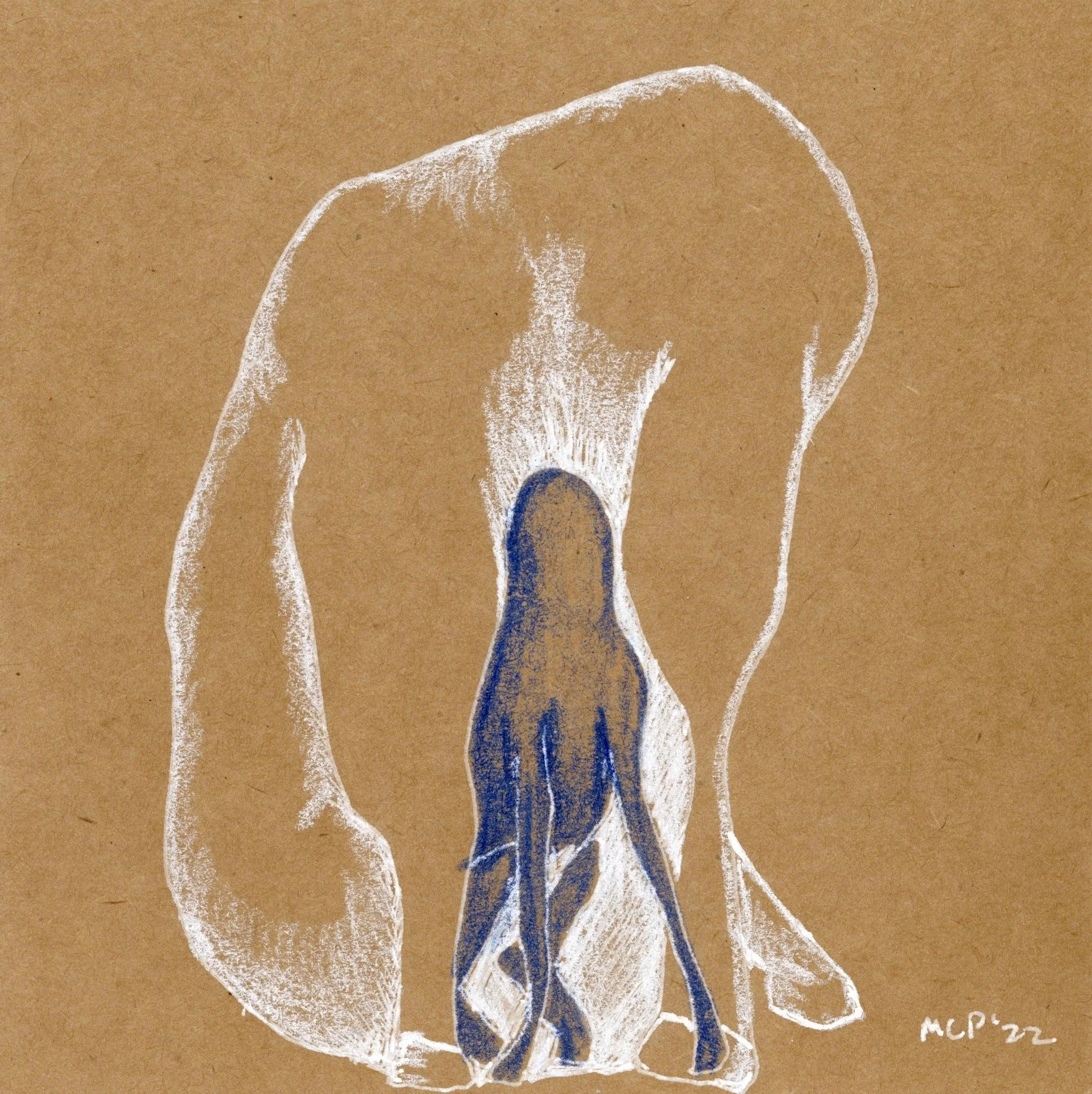  Mother and Child, white and blue ink on paper  
5" x 5"
